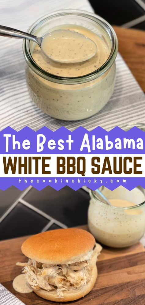 A twist on the traditional barbecue sauce! This easy sauce recipe is ready in just 5 minutes. Tangy and creamy with a kick, this Alabama White BBQ Sauce is oh so yummy. Great as a simple appetizer recipe or an easy side dish for dinner! Alabama White Bbq Sauce, Homemade White Sauce, Sandwiches Chicken, Healthy Sauce, Alabama White Sauce, White Bbq Sauce, Homemade Bbq Sauce Recipe, White Sauce Recipes, Barbecue Sauce Recipes