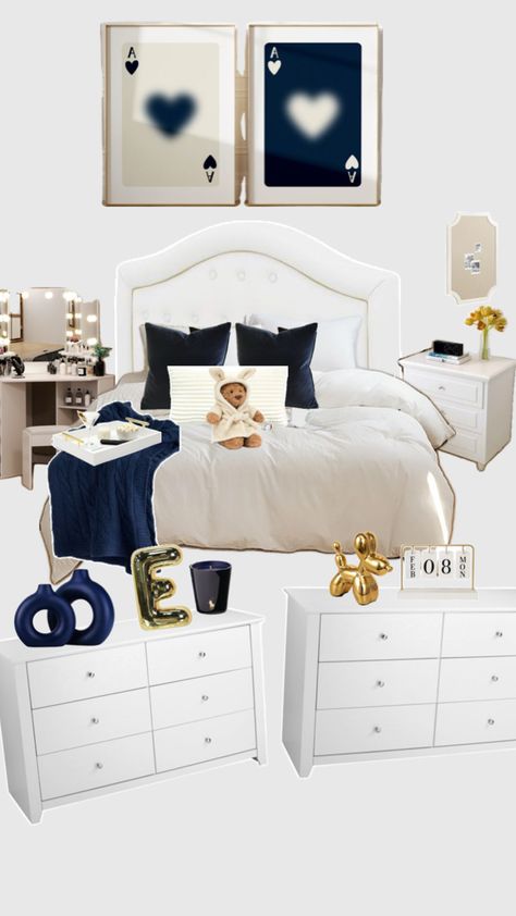 Ideas for my room makeover! Navy And Light Pink Bedroom, Navy Blue Themed Bedroom, Dorm Room Navy Blue, Trendy Bedroom 2024, White And Blue Room Aesthetic, White And Blue Bedroom Aesthetic, Navy Blue Room Aesthetic, Blue Room Ideas Bedroom, Navy Blue Dorm Room