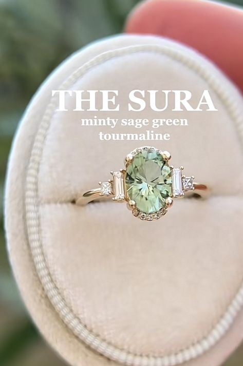 Wedding Rings Sage Green, Engagement Rings With Green Stones, Engagement Rings Gold And Green, Engagement Ring With Green Accents, Mint Green Engagement Ring, Green Engagement Ring Gold, Sage Green Engagement Ring, Light Green Engagement Ring, Green Diamond Engagement Ring