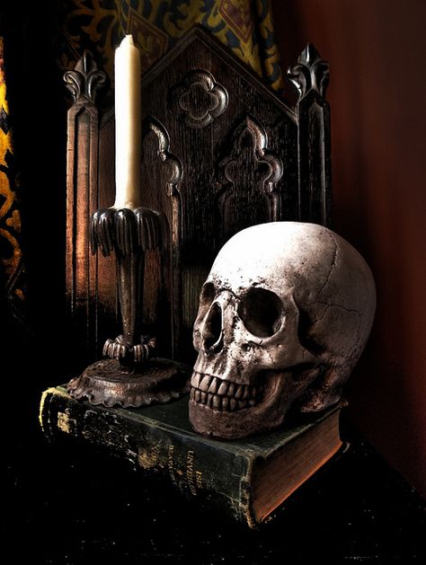 Gothic Still Life, via Flickr. seaspiritselfhealing.com Skull Books, Books And Candles, The Boogeyman, Theme Halloween, Gothic Decor, Gothic Home Decor, Still Life Art, Skull And Bones, Gothic Art