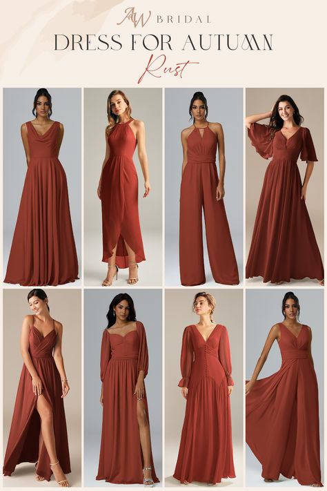 Perfect for autumn and winter weddings, these dresses bring warmth and elegance to your bridal party. 🍁 #BridesmaidDresses #Rust #FallWeddings Bridesmaid Dress Beach, Rust Bridesmaid Dresses, Dresses For Autumn, Rust Bridesmaid Dress, Red Bridesmaid, Beach Bridesmaid Dresses, Red Bridesmaid Dresses, Wedding Flower Girl Dresses, Wedding 2025