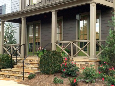 optional porch railing design with wire backing to meet local building code Front Porch Railing Ideas, Porch Handrails, Porch Railing Designs, Veranda Design, Front Porch Railings, Railing Designs, Porch Kits, Front Porch Makeover, Railing Ideas