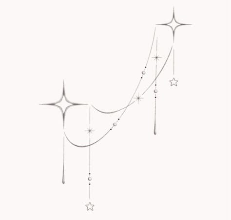 Microline Tattoo, Dangle Tattoo Design, Aesthetic Star Tattoo Ideas, Star Dainty Tattoo, Hand Tattoos Delicate, Hanging Stars Drawing, Sparkle Tattoos For Women, Night Aesthetic Tattoo, Celestial Line Tattoo