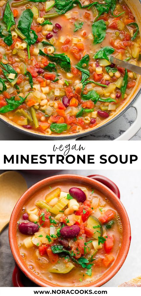 Better than Olive Garden Vegan Minestrone Soup! Loaded with vegetables, pasta, beans and a rich broth, this hearty soup is made in 1 pot and ready in about 30 minutes. Soup Minestrone, Lunches Healthy, Vegan Minestrone, Vegan Minestrone Soup, Vegetables Pasta, Clean Lunches, Kid Lunches, Hearty Vegetable Soup, 500 Calorie