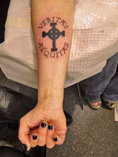 Veritas Aequitas #veritasaequitas #veritas #aequitas Tattoos by Captain Bret & Celtic Tattoo Newport, RI call for appointments 401-846-4488 www.tribal-celtic-tattoo.com #Tattoo #tattoos #TattoosByCaptainBret #celtic #celtictattoo #NewportRI #Newport #RI #tattooshop #tattoostudio #NewportTattoo #traditional #Art Veritas Aequitas Tattoo, Crusade Tattoo, Veritas Tattoo, Celtic Strength Tattoo For Women, Celtic Cross Tattoos Men, Celtic Cross Womens Tattoo, Celtic Tattoo, Sailor Jerry, Tattoo Portfolio