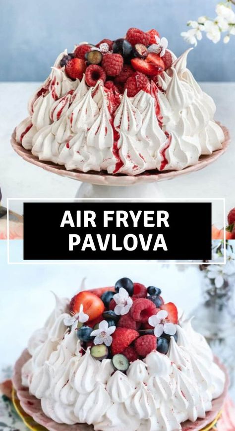 Beautiful Air Fryer, Easy Pavlova Recipe, Easy Pavlova, Meringue Dessert, Raspberry Pavlova, Pavlova Dessert, Mini Meringues, Air Fryer Recipes Dessert, Meringue Desserts