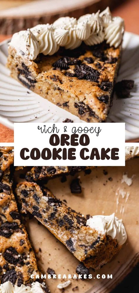 Oreo cookie cake is a giant cookie stuffed with Oreos and decorated with vanilla buttercream frosting. This fun dessert comes together in 40 minutes and is everything you love about a cookie in cake form! Cake Made Out Of Cookies, Cake With Cookies, Gingerbread Cookie Cake, Cookies And Cream Cookie Cake, Double Doozie Cookie Cake, Oreo Cookie Dough Cake, Brownie Cookie Cake, Cookie Ice Cream Cake, Oreo Cookie Cake Recipe