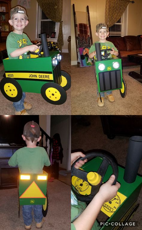 Homemade Tractor Costume, Diy Tractor Halloween Costumes, Tractor Halloween Costume Kids, Cardboard Tractor Costume, Toddler Tractor Costume, Lawnmower Costume, Tractor Diy Costume, Farm Themed Halloween Costumes, Tractor Costumes For Toddlers