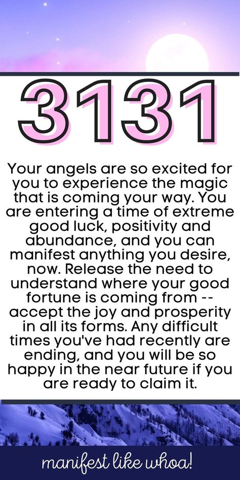 Angel number 3131 means that Your angels are so excited for you to experience the magic that is coming your way. You are entering a time of extreme good luck, positivity and abundance, and you can manifest anything you desire, now. Release the need to understand where your good fortune is coming from -- accept the joy and prosperity in all its forms. Any difficult times you've had recently are ending, and you will be so happy in the near future if you are ready to claim it. Angel Number Meaning, Numerology Life Path, Numerology Numbers, Manifest Anything, Angel Number Meanings, Affirmations For Happiness, Number Meanings, Abraham Hicks Quotes, Angel Messages