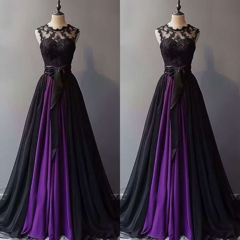 Gothic Wedding Dress Black Purple Chiffon Sleeveless Lace Applique Bridal Gowns | eBay Purple And Black Bridesmaid Dresses, Gothic Wedding Dress Black, Dark Purple Bridesmaid Dresses, Dark Purple Wedding, Villain Dresses, Goth Wedding Dresses, Witchy Wedding, Joshua Colley, Fantasy Ball