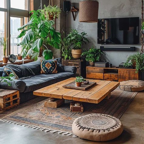 Industrial With Plants, Bohemian Industrial Rugs, Boho Industrial Tv Stand, Industrial Loft With Plants, Boho Industrial Living Room, Boho Botanical Maximalism, Industrial Living Room Ideas, Industrial Style Living Room, Industrial Living Room