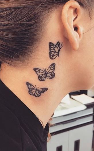 Neck Butterflies Tattoo, Butterfly Tattoo For Neck, Three Butterflies Tattoo Behind Ear, Butterfly Tattoo On Neck For Women, Butterfly Tattoo Neck For Women, Butterfly Tattoos Neck, Neck Tattoos Butterfly, Butterfly On Neck Tattoo, Girls Neck Tattoos