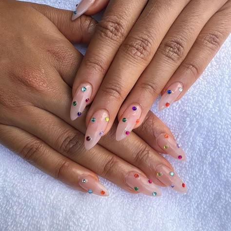 Multicolor Gem Nails, Nail Ideas For Older Women, Rainbow Rhinestone Nails, Colorful Rhinestone Nails, Rhinestone Flower Nails, Vanessa Hudgens Nails, Bejeweled Nails, Gem Nail Art, Nails Gems