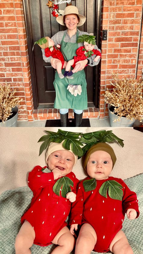 Pumpkin And Farmer Costume, Gardener Halloween Costume, Farmer Halloween Costume Family, Garden Family Costume, Twin Costumes Baby, Strawberry Shortcake Baby Costume, Twin Halloween Costumes For Babies Girls, Garden Halloween Costume, Pregnant Mom And Toddler Costume