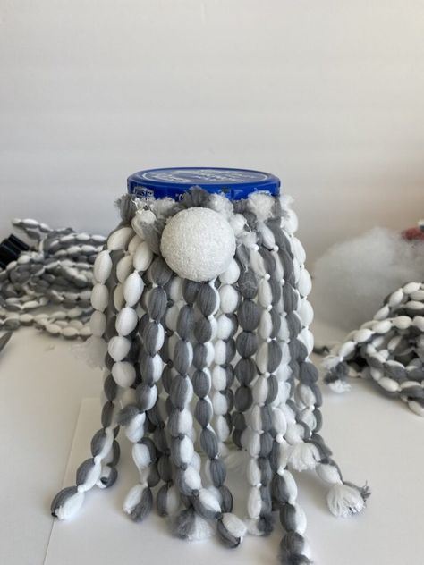 Jar Mop Gnome, Gnomes Made With Mop Heads, Gnome Mop Head Diy, Gnome Mason Jars Diy, Gnome Decorating Ideas, Gnome Jars Diy, Female Gnomes Diy, Mop Head Gnomes, Mop Head Crafts Ideas