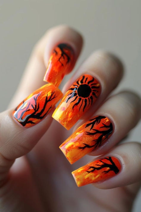 Summer Solstice Nail Design Ideas For June Orange Polish Nail Designs, Summer Solstice Nails, Phoenix Nails, Sunset Nail Art, Beachy Nail Designs, Art Inventory, Glitter Gradient Nails, Orange Nail Art, Sun Nails