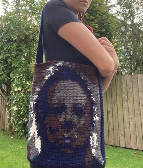 Michael Myers Halloween Crochet Tapestry Pattern (Tote Bag) Crochet Michael Myers, Crochet Tapestry Pattern, Grey Tapestry, Crochet Pour Halloween, Tapestry Pattern, Halloween Crochet Patterns, Halloween Tote Bag, Crochet Design Pattern, Michael Myers Halloween