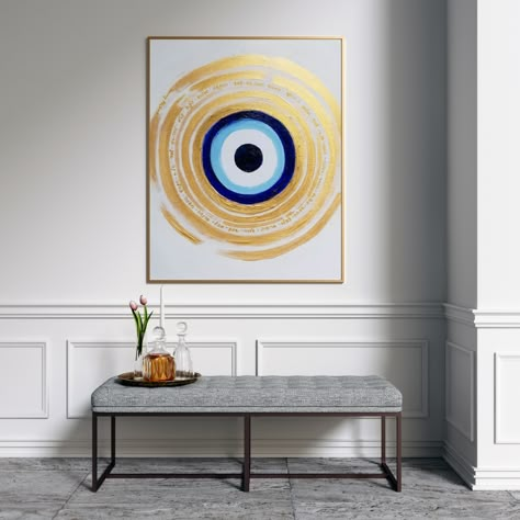 Good Thoughts Painting, Home Decor Acrylic Painting, Hamsa Wall Art, Beautiful Paintings Creative, Evil Eye Painting Ideas, Evil Eye Art Painting, Nazar Painting, Evil Eye Artwork, Mixmedia Painting