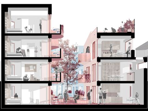 Winner | Co-living, Forest Gate Japanese Architecture Illustration, Architecture Rendering Drawing, Section Diagram Architecture, Architecture Section Render, Co Living Architecture, Section Perspective Architecture, Coliving Architecture, Section Render, Drawing Of A Building