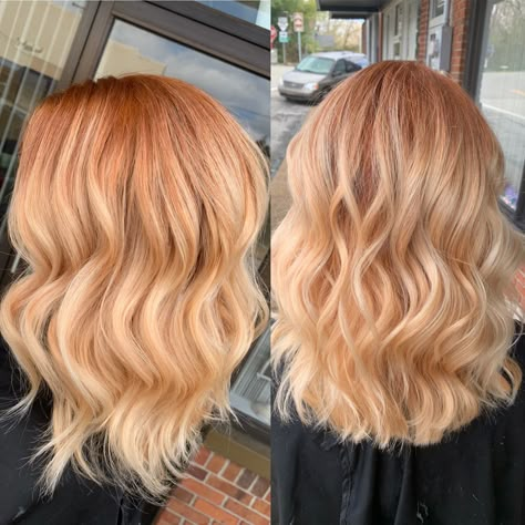 Copper Red Shade Root Shadow & Blonde Blended Through Rest ♥️ Copper Roots Blonde Hair, Copper Blonde Hair Shadow Root, Root Shade On Blonde Hair, Blonde And Red Fall Hair Color, Blonde Hair With Red Root Smudge, Blonde Hair With Red Shadow Roots, Strawberry Roots Blonde Hair, Peach Shadow Root, Hair With Depth