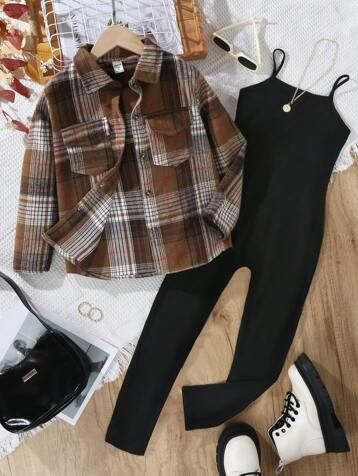 Search Kids Clothes Girls | SHEIN USA February Outfits, Tartan Blouse, Cute Outfits With Shorts, Adrette Outfits, Plaid Print Shirt, Old Outfits, Cami Jumpsuit, Expensive Clothes, Trendy Outfits For Teens