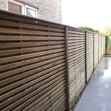 A run of Venetian Hit and Miss fencing down the length of the alleyway and patio. Great use of our Jakpost® Foot when installing the fencing onto an existing wall.⁠ ⁠ Install by one of our Approved Installers J.TContracting Fence Ideas, Fencing, Garden Inspiration, Fence, Patio, Wall, Patios