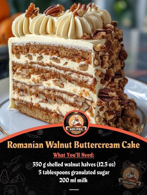 Nonna Pia | Romanian Walnut Buttercream Cake  | Facebook Romanian Walnut Buttercream Cake, Festive Cakes, Nonna Pia, Cream Filling Recipe, Pound Cake Recipes Easy, Praline Cake, Fluff Desserts, Hummingbird Cake, Walnut Cake