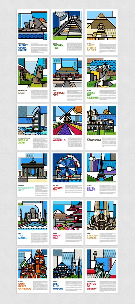 18 illustrations of landmarks around the world.                                                                                                                                                                                 More 3rd Grade Art, Branding Design Packaging, Architecture Illustration, Cool Art Drawings, Minimalist Poster, Design Reference, Travel Around The World, Illustrations Posters, Banner Design