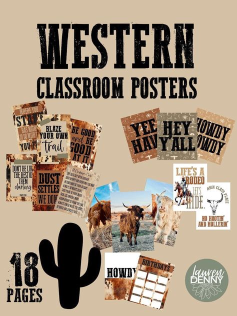 Welcome to the Wild West of Education! Bring a touch of country charm and a whole lot of motivation to your classroom with our Western Classroom Decor Posters digital download. Featuring 18 pages of inspirational sayings with a country flair and adorable Highland fluffy cows, these posters are sure to lasso the attention of your students and add a touch of rustic charm to any learning environment. Each poster is designed with vibrant colors, playful fonts, and whimsical illustrations of Highland fluffy cows, bringing a smile to your students' faces while inspiring them to reach for the stars. Whether you're decorating a classroom, homeschooling space, or office, these posters are perfect for creating a positive and welcoming atmosphere where students feel encouraged to embrace their inner Groovy Western Classroom, Western Bulletin Board Ideas, Ag Classroom Decorations, Wild West Classroom, Ffa Classroom, Western Classroom Theme, Cowboy Classroom, Homeschooling Space, Agriculture Classroom