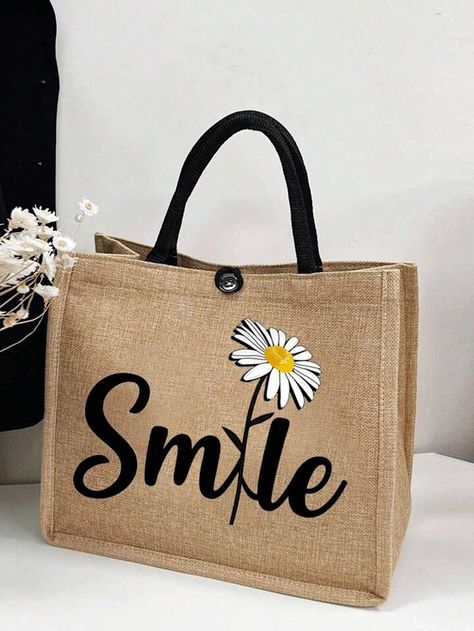 Letter & Flower Graphic Shopper Bag | SHEIN USA Jute Bags Design, Shoulder Bag For School, Sac Tote Bag, Letter Flower, Burlap Tote, Beg Tangan, Gift Totes, Flower Graphic, Jute Bags