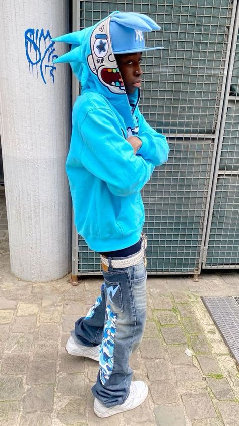 Blue Bape Hoodie Outfit, Blue Bape Hoodie, Outfit Men Ideas, Stylish Sneakers Outfit, Ancestor Altar, Y2k Outfits Men, Plaid Shirt Outfits, Hoodie Outfit Men, Sneakers Outfit Men