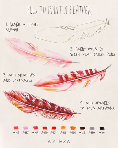 How To Draw Feathers, Arteza Watercolor, Painting Instructions, Feather Drawing, Brush Pen Art, Watercolor Brush Pen, Watercolor Feather, Kids Watercolor, Tattoo Girls