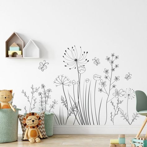 Doodle Floral Nursery Decor, Wildflowers Wall Decal, Wall Art, Floral Decals for Kids Room, Day Care, Bedroom, Nursery, Bathroom, Party Flower Wall Painting Simple, Convo Picture, Flower Wall Painting, Doodle Floral, Doodle Wall, Decor For Nursery, Nursery Bathroom, Wall Murals Diy, Floral Nursery Decor