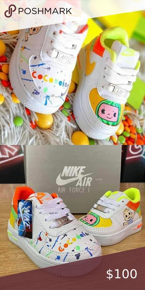 CoComelon Nike Air Force 1 Design Printed Design Coco Melon Shoes, Cocomelon Air Force Ones, Two Year Old Cocomelon Birthday, Cocomelon Birthday Party Favors, Cocomelon Party Ideas For Girl 1st, Coco Melon Birthday Party Boy, Coco Melon Birthday Party Ideas, Cocomelon Party Ideas For Girl, Cocomelon Party Ideas For Boy