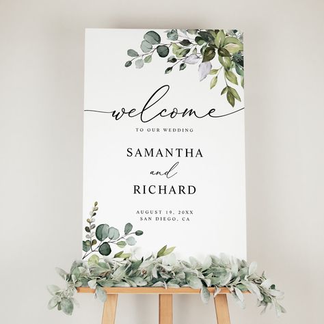 Rustic Greenery Wedding, Rustic Wedding Signage, Reception Signage, Rustic Watercolor, Watercolor Eucalyptus, Card Table Wedding, Foliage Wedding, Elegant Calligraphy, Landscape Orientation