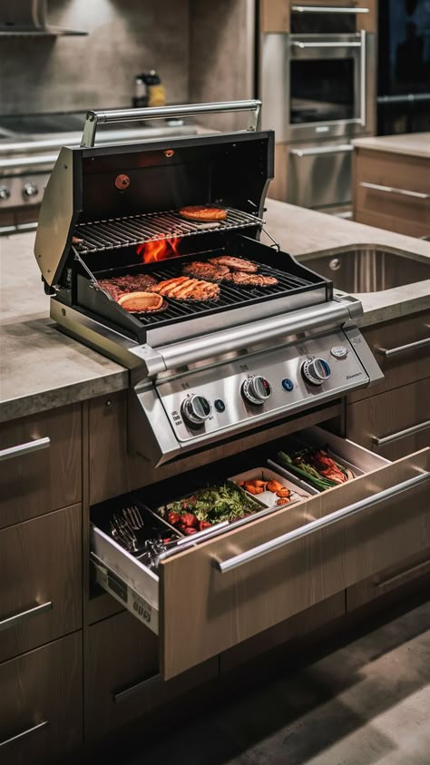 Explore modular electric grills that can be installed over drawers or cabinets, allowing you to grill indoors without requiring a large dedicated space. Apartment Grill, Cool Kitchen Appliances, Commercial Style Kitchen, Street Food Design, Small Kitchen Remodel Ideas, Kitchen Layout Plans, Industrial Style Kitchen, Indoor Grill, Dream Kitchens Design