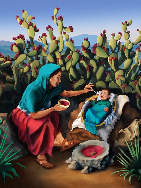 Fortuna is a warm bond between a mother and her child. This digital painting is an idealized view of life in southwestern Mexico, full of green prickly pear cactuses overlooked by steep hills in the distance. The style of this piece is inspired by the Mexican calendar art of the 1950s. Museum-quality posters made on thick and durable matte paper. Add a wonderful accent to your room and office with these posters that are sure to brighten any environment. * Paper thickness: 10.3 mil * Paper weight: 5.57 oz/y² (189 g/m²) * Giclée printing quality * Opacity: 94% * ISO brightness: 104% Mexico Culture Art, Mexican Calendar, Mexican Art Painting, Mexican Artwork, Koi Painting, Calendar Art, Mexican Culture Art, Chicano Drawings, Mexico Culture