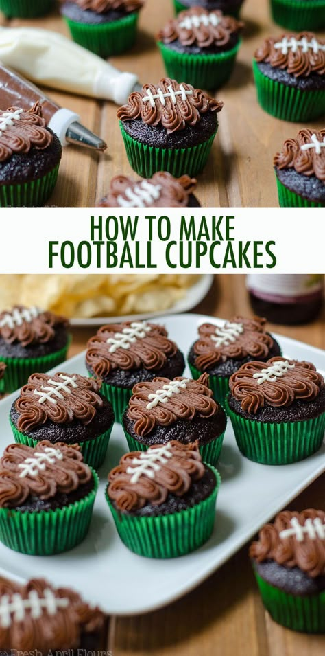 Cake Out Of Cupcakes, Mint Chocolate Chip Cupcakes, Football Desserts, Football Treats, Superbowl Desserts, Football Cupcakes, Football Party Foods, Chocolate Chip Cupcakes, Chocolate Fudge Frosting