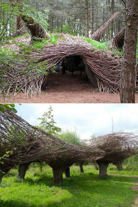 Whimsical Forest Sculptures - Garden Decor - Dutchland artist Will Beckers (known as The Willowman) creates stunning ephemeral site-specific sculptures made from re-used local materials. He uses living natural materials to create whimsical sculptures. These sculptures are made for people to enjoy but also serve as shelters for woodland... #Forest #Gardenart #Gardendesign #Gardenideas #Gardeningtips #Gardens #Woodworking Gutter Garden, Earthship Home, Backyard Gazebo, Meteor Garden 2018, Water Fountains Outdoor, Garden Tool Storage, Whimsical Forest, Woodland Forest, Fountains Outdoor