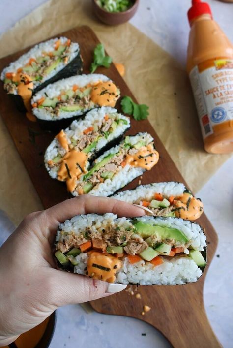 This onigirazu, aka Japanese sushi sandwich, is perfect for using up leftover sushi rice. Add your favorite fillings, rice, and wrap it in a nori sheet. It makes a great lunch and is the perfect option to enjoy sushi on the go. Leftover Sushi Rice, Noodles Dishes, Japanese Sandwich, Seafood Sushi, Asian Rice, Japanese Lunch, Sushi Sandwich, Japanese Sushi, Sushi Recipes