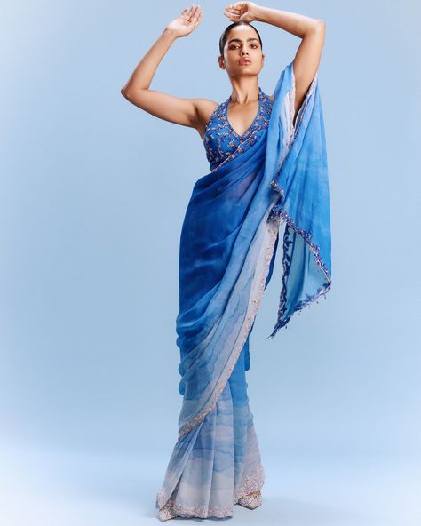 "Zana" Chiffon Ombre Saree with a Blouse Cornflower Blue Ombre Chiffon Embellished Border Saree with a Fully Embroidered Blouse Photographer - @nishanth.radhakrishnan Hair & Makeup - @leeview_makeup Models - @monabhujel @_akankshahere @____priyajain____ Available at Delhi and Mumbai Stores #resort #champa #springsummer24 #indianbride #dollyjstudio #weddinggown #weddinginspo #dollyjbride #dollyjlehenga #dollyjgown #couture #bridalgown #wedmegood #lehenga #dollyj #summercollection #bridalg... Dress Code Guide, My Culture, Border Saree, Cultural Appropriation, Elegant Saree, Organza Saree, Guest Dress, Indian Outfit, Desi Fashion