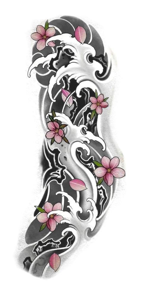 Flower And Waves Tattoo, Irezumi Tattoos Women, Japan Style Tattoo Design, Japanese Wave Tattoo Sleeve, Irezumi Tattoos Design, Wave Japanese Tattoo, Japanese Forearm Tattoo Design, Irezumi Dragon Tattoo, Japan Wave Tattoo