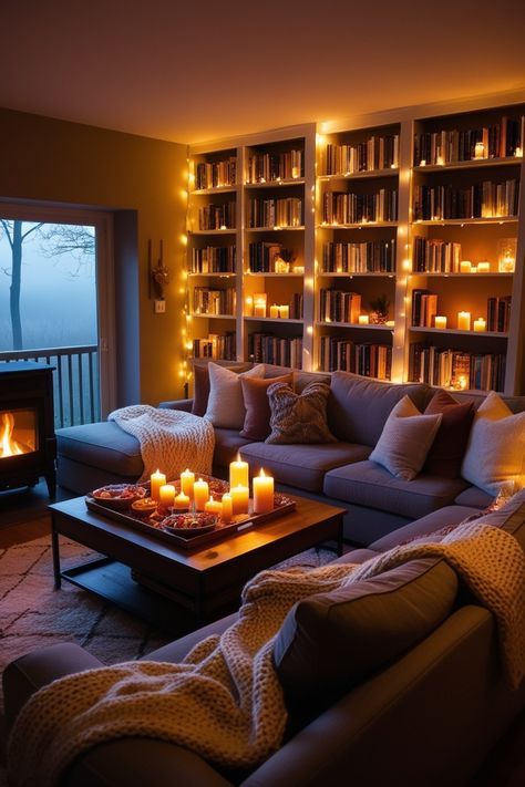 Cozy Indoor Lighting, Chill House Aesthetic, Small Living Room Decorating Ideas Cozy Studio Apartments, Small Apartment Aesthetic Cozy, Living Room Fairy Lights, Led Living Room Ideas, Warm Lighting Living Room, House Design Cozy, Bright Living Room Ideas