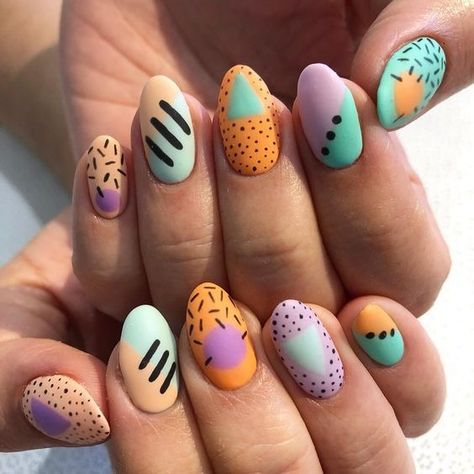 80s Nails, Cute Easy Nail Designs, 90s Nails, Rainbow Nails Design, Retro Nails, Cute Simple Nails, Flower Nail Designs, Round Nails, Rainbow Nails