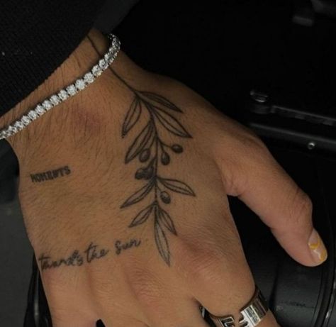 Power Of Now Tattoo, Leaf On Hand Tattoo, Leaf Tattoos Men, Olive Branch Tattoo Hand, Mens Leaf Tattoo, Leaves Tattoo Hand, Letter Tattoo Men, Olive Branch Hand Tattoo, Left Hand Tattoo Men