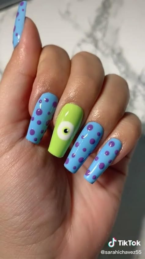 Monsters Inc Acrylic Nails, Monsters Inc Nails Acrylic, Disney Acrylic Nails Simple, Video Game Nails, Scooby Doo Nails, Diy Disney Nails, 90s Cartoon Nails Acrylic, Pixar Nails, Monster Inc Nails