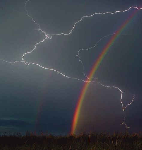 lightning | Tumblr Lightning Photography, Double Rainbow, Rainbow Sky, Thunder And Lightning, Dark Clouds, Rainbow Aesthetic, Dark Sky, Nature Aesthetic, Sky Aesthetic