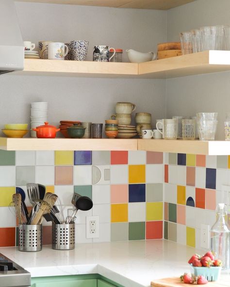 Fireclay Tile | Somewhere over the rainbow, you’ll find this adorable kitchen. 🌈 Tap the link in our bio for all the details. Tile Shown: #fireclay4x4 in... | Instagram Multi Color Tile, Rainbow Tile, Triangle Tiles, Tile Colors, Creative Tile, Bold Kitchen, Kitchen Tiles Design, Penny Tile, Fireclay Tile