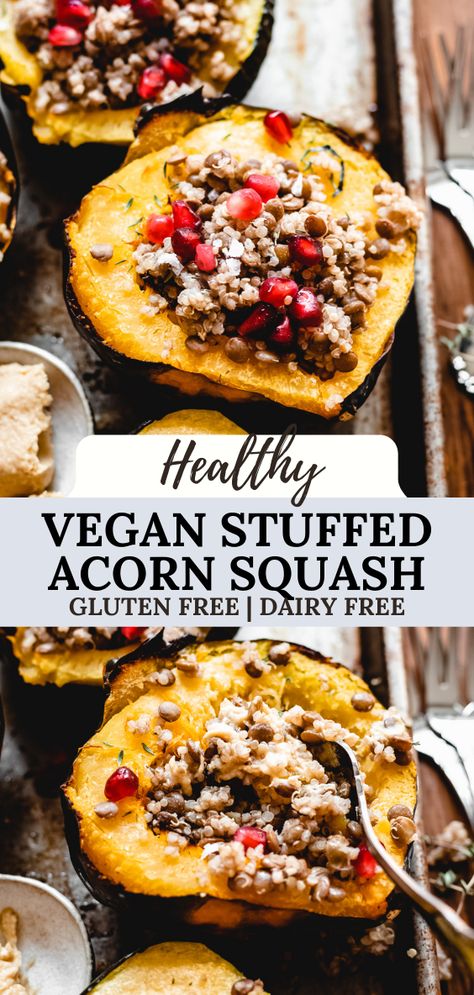 This super easy vegan lentil and quinoa stuffed acorn squash recipe makes for the best healthy Thanksgiving side dish or main that's vegetarian-friendly as well! Garnished with fresh pomegranate seeds, this gluten free and vegan side dish is the perfect recipe for all eaters! #thanksgiving #vegan #vegetarian #glutenfree #healthydinner Vegan Stuffed Acorn Squash, Stuffed Acorn Squash Vegetarian, Quinoa Stuffed Acorn Squash, Acorn Squash Recipe, Thanksgiving Side Dishes Healthy, Lentils And Quinoa, Stuffed Acorn Squash, Acorn Squash Recipes, Vegan Lentil