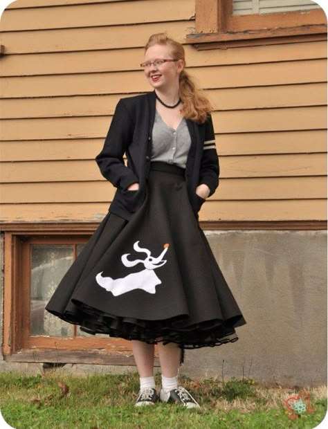 Zero Poodle Skirt – A Halloween Spin on a Vintage Classic | Atomic Redhead Poodle Skirt 50s, Dapper Disney, Disney Sewing, Rock N Roll Dress, Nightmare Before Christmas Tree, Disney Dapper Day, Disney Skirt, Poodle Skirts, 50 Dress